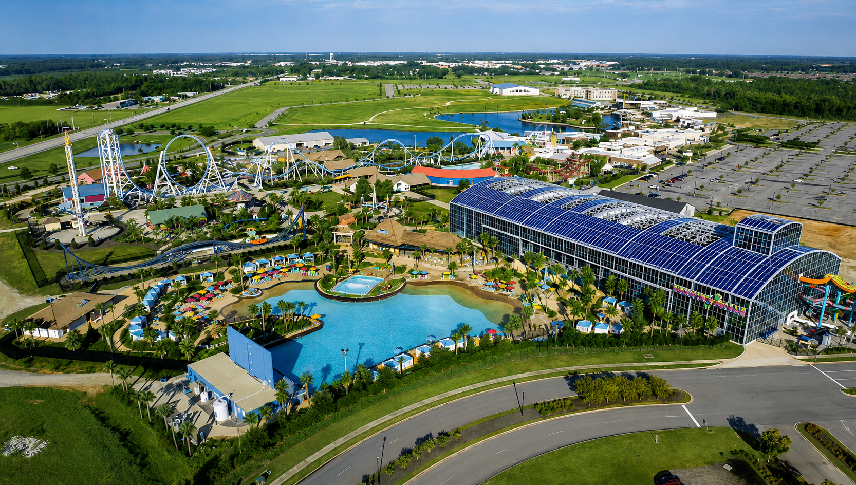 Aerial view of OWA and Foley entertainment district